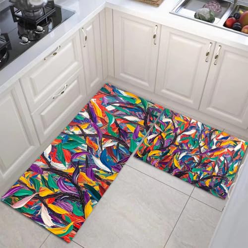 JEDTAKCT Abstraktes Waldbild Absorptionsfähigkeit Hause Deko Küchenteppich 2Er Set, Waschbar Graffiti-Malerei Dekoration Küchenmatten Für Innen Außen Farbenfrohes Dekor - 50X80Cm+50X150Cm von JEDTAKCT