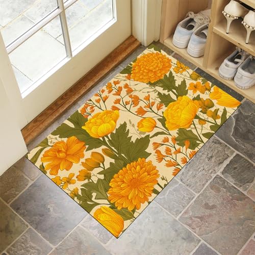 JEDTAKCT Amber Waschbarer Teppich Tulpen Dahlien Muster 50X80Cm Vintage Pflanzen Eingangsbereich Modern Fußmatte Badezimmerteppich Weich rutschfest Kleiner Kurzflor Bad Schlafzimmer von JEDTAKCT