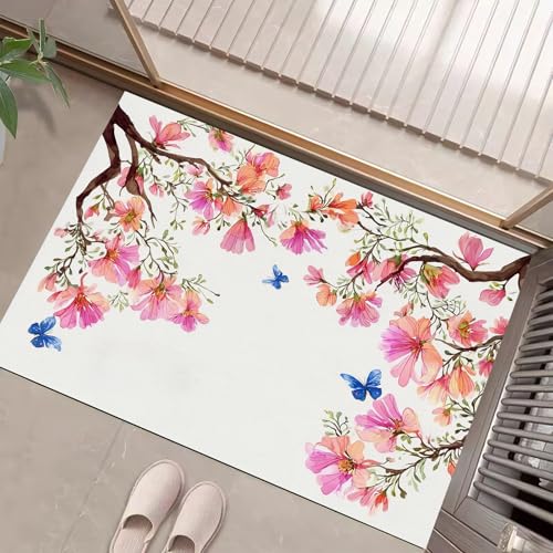 JEDTAKCT Aquarell Blumen Bäume Fußmatte Teppich Natur Schmetterlinge Kurzflor Fussmatte Magenta Türmatte rutschfest Waschbarer Retro Teppich Für Esszimmer Flur Eingangsbereich Fußabtreter 90X150Cm von JEDTAKCT