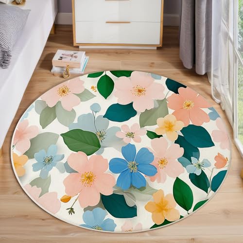 JEDTAKCT Aquarell Blumen Teppich, Waschbar 60 cm Runder Teppich Für Schlafzimmer, Frühlingsillustration Kinderteppich, Rutschfester Kreis Weicher Puderblau Für Schlafsaal Kinderzimmer Sofa von JEDTAKCT