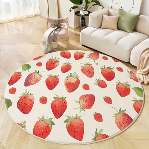 JEDTAKCT Aquarell Erdbeere Teppich Rund 60 cm rutschfest Teppiche Wohnzimmer, Süße Pflanze Waschbar Teppiche Kurzflor Weich Runder Teppich Hellrot for Schlafzimmer Studie Heimbüro von JEDTAKCT