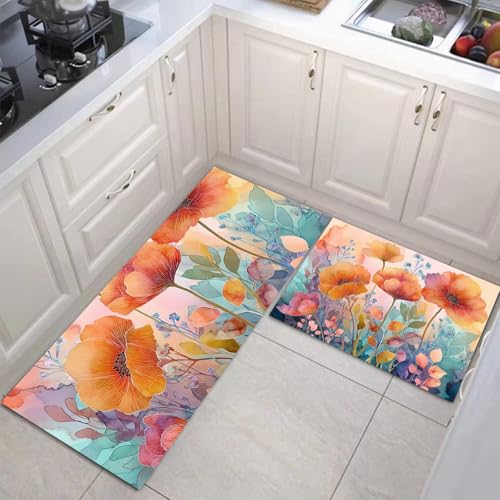 JEDTAKCT Aquarellblumen Küchenmatten 2Er Set, 40X60Cm+40X120Cm Küchenteppich Waschbar rutschfest, Küchenteppiche, Korallenorange Küchenläufer Für Badezimmer Zuhause Büro (Fantasiepflanzen) von JEDTAKCT