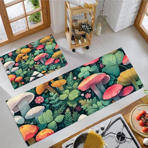 JEDTAKCT Aquarellpilze Küchenteppich Sets 2 Stück Flur Läufer Fantasiewald Muster Teppichläufer Smaragdgrün Küchenläufer Teppiche rutschfest Waschbar Für Bettvorleger 40X60Cm+40X120Cm von JEDTAKCT