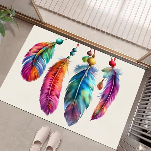 JEDTAKCT Beige Fußmatte Innen 80X120Cm, Böhmische Federn Waschbar Fussmatte Eingangsteppich Innen, Schmutzfangmatte rutschfest, Aquarell-Illustration Kurzflor Türmatte Teppich Für Eingang von JEDTAKCT