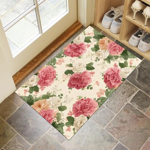 JEDTAKCT Beige Waschbarer Teppich Country Rose Muster 50X80Cm Vintage Pflanzen Eingangsbereich Modern Fußmatte Badezimmerteppich Weich rutschfest Kleiner Kurzflor Bad Schlafzimmer von JEDTAKCT