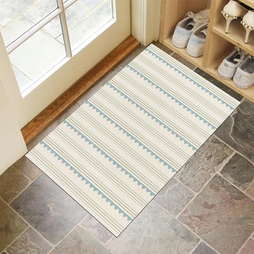 JEDTAKCT Beige Waschbarer Teppich Dreiecksstreifen Muster 60X90Cm Einfache Geometrische Eingangsbereich Modern Fußmatte Badezimmerteppich Weich rutschfest Kleiner Kurzflor Bad Schlafzimmer von JEDTAKCT