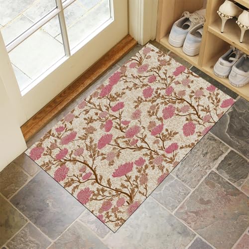JEDTAKCT Beige Waschbarer Teppich Elegante Blumen Muster 50X80Cm Orientalische Pflanzen Eingangsbereich Modern Fußmatte Badezimmerteppich Weich rutschfest Kleiner Kurzflor Bad Schlafzimmer von JEDTAKCT