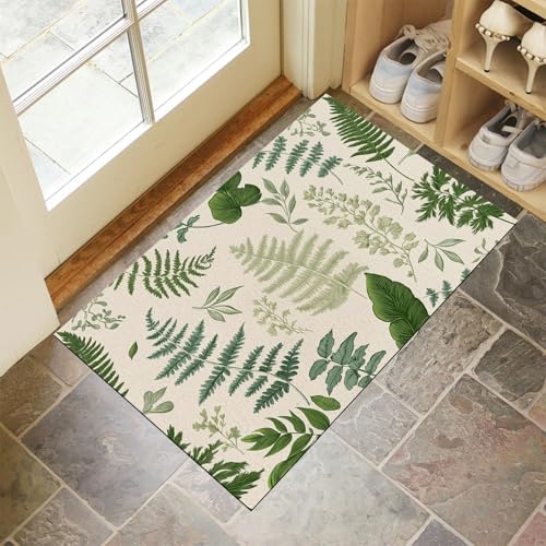 JEDTAKCT Beige Waschbarer Teppich Natürlicher Farn Muster 50X80Cm Vintage Pflanzen Eingangsbereich Modern Fußmatte Badezimmerteppich Weich rutschfest Kleiner Kurzflor Bad Schlafzimmer von JEDTAKCT