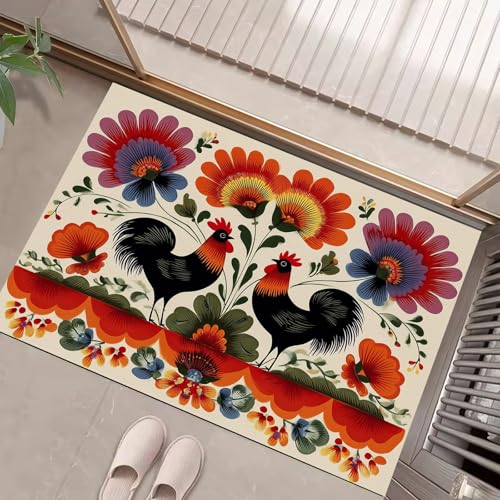 JEDTAKCT Beige Waschbarer Teppich Polnische Blumen Muster 80X120Cm Vintage Hahn Eingangsbereich Modern Fußmatte Badezimmerteppich Weich rutschfest Kleiner Kurzflor Bad Schlafzimmer von JEDTAKCT