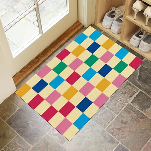 JEDTAKCT Beige Waschbarer Teppich Regenbogen Schachbrett Muster 40X60Cm Retro Geometrisch Eingangsbereich Modern Fußmatte Badezimmerteppich Weich rutschfest Kleiner Kurzflor Bad Schlafzimmer JEDTAKCT Beige Waschbarer Teppich Regenbogen Schachbrett Muster 40X60Cm Retro Geometrisch Eingangsbereich Modern Fußmatte Badezimmerteppich Weich rutschfest Kleiner Kurzflor Bad Schlafzimmer von JEDTAKCT