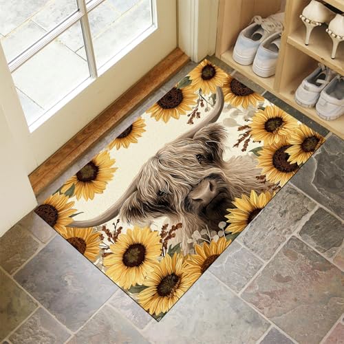 JEDTAKCT Beige Waschbarer Teppich Vintage Highland Cow Muster 50X80Cm Country Sonnenblume Eingangsbereich Modern Fußmatte Badezimmerteppich Weich rutschfest Kleiner Kurzflor Bad Schlafzimmer von JEDTAKCT