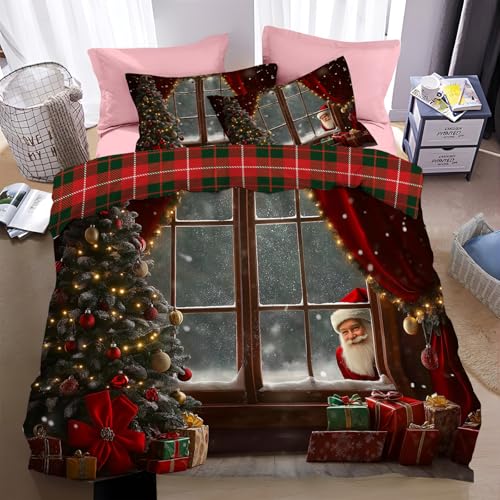 JEDTAKCT Bettwäsche 135x200 Winter Retro-Holzfenster Weihnachts-Design Mit Weihnachtsmann Und Geschenk - Mikrofaser Bettbezug Warme (135x200 + 80x80 cm) von JEDTAKCT