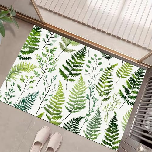 JEDTAKCT Blätter Farne Fußmatte Teppich Natürliche Pflanzen Kurzflor Fussmatte Smaragdgrün Türmatte rutschfest Waschbarer Retro Teppich Für Esszimmer Flur Eingangsbereich Fußabtreter 50X80Cm von JEDTAKCT