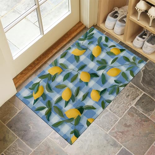 JEDTAKCT Blau Weiß Waschbarer Teppich Zitronenbaumblätter Muster 50X80Cm Landhausstil Eingangsbereich Modern Fußmatte Badezimmerteppich Weich rutschfest Kleiner Kurzflor Bad Schlafzimmer von JEDTAKCT