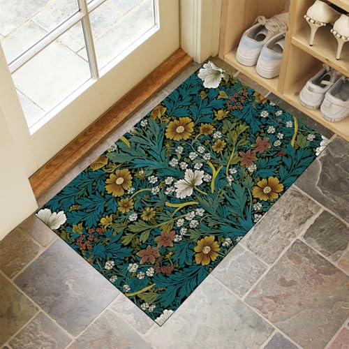 JEDTAKCT Blaugrün Waschbarer Teppich Sonnenblume Weinrebe Muster 60X90Cm Vintage-Pflanzen Eingangsbereich Modern Fußmatte Badezimmerteppich Weich rutschfest Kleiner Kurzflor Bad Schlafzimmer von JEDTAKCT