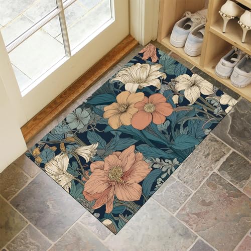JEDTAKCT Blaugrün Waschbarer Teppich Vintage Blumen Muster 60X90Cm Jugendstil Pflanzen Eingangsbereich Modern Fußmatte Badezimmerteppich Weich rutschfest Kleiner Kurzflor Bad Schlafzimmer JEDTAKCT Blaugrün Waschbarer Teppich Vintage Blumen Muster 60X90Cm Jugendstil Pflanzen Eingangsbereich Modern Fußmatte Badezimmerteppich Weich rutschfest Kleiner Kurzflor Bad Schlafzimmer von JEDTAKCT
