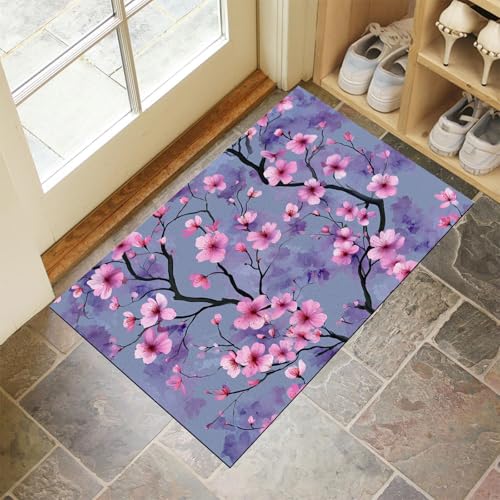 JEDTAKCT Blauviolett Waschbarer Teppich Aquarell Kirschblüten Muster 90X150Cm Japanische Pflanzen Eingangsbereich Modern Fußmatte Badezimmerteppich Weich rutschfest Kleiner Kurzflor Bad Schlafzimmer von JEDTAKCT