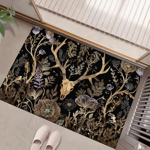 JEDTAKCT Blumen Geweih Fussmatte Teppich 90X150Cm, Wohnzimmerteppich Schlafzimmerteppich, Schwarzes Gold Waschbarer Fußmatte, Gotischer Wald Rutschfester Teppich Für Küche Flur Esszimmer von JEDTAKCT