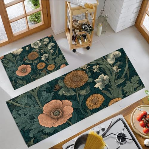 JEDTAKCT Blumenwald Küchenmatten 2Er Set, 50X80Cm+50X150Cm Küchenteppich Waschbar rutschfest, Küchenteppiche, Blaugrün Küchenläufer Für Badezimmer Zuhause Büro (Mittelalterliche Pflanzen) von JEDTAKCT