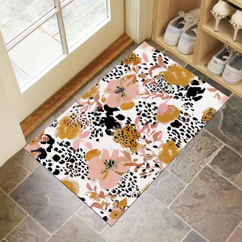 JEDTAKCT Blush Pink Waschbarer Teppich Leopardenblumen Muster 80X120Cm Abstrakte Pflanzen Eingangsbereich Modern Fußmatte Badezimmerteppich Weich rutschfest Kleiner Kurzflor Bad Schlafzimmer von JEDTAKCT