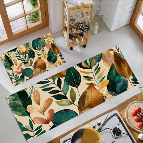 JEDTAKCT Böhmische Flora Küchenmatten 2Er Set, 40X60Cm+40X120Cm Küchenteppich Waschbar rutschfest, Küchenteppiche, Tan Küchenläufer Für Badezimmer Zuhause Büro (Elegante Ästhetik) von JEDTAKCT