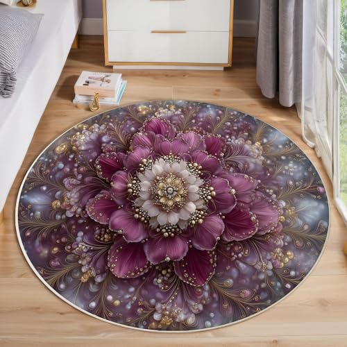 JEDTAKCT Böhmisches Mandala Teppich, Waschbar 120 cm Runder Teppich Für Schlafzimmer, 3D-Perlenblumen Kinderteppich, Rutschfester Kreis Weicher Pflaume Für Schlafsaal Kinderzimmer Sofa von JEDTAKCT