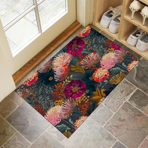 JEDTAKCT Bordeauxrot Waschbarer Teppich Herbstblumen Muster 40X60Cm Mittelalterliche Pflanzen Eingangsbereich Modern Fußmatte Badezimmerteppich Weich rutschfest Kleiner Kurzflor Bad Schlafzimmer von JEDTAKCT