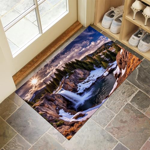 JEDTAKCT Braun Waschbarer Teppich Bergwasserfall Muster 90X150Cm Naturlandschaft Eingangsbereich Modern Fußmatte Badezimmerteppich Weich rutschfest Kleiner Kurzflor Bad Schlafzimmer von JEDTAKCT