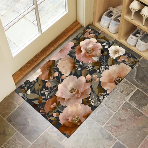 JEDTAKCT Braun Waschbarer Teppich Vintage Blumen Muster 50X80Cm Aquarell Pflanzen Eingangsbereich Modern Fußmatte Badezimmerteppich Weich rutschfest Kleiner Kurzflor Bad Schlafzimmer von JEDTAKCT