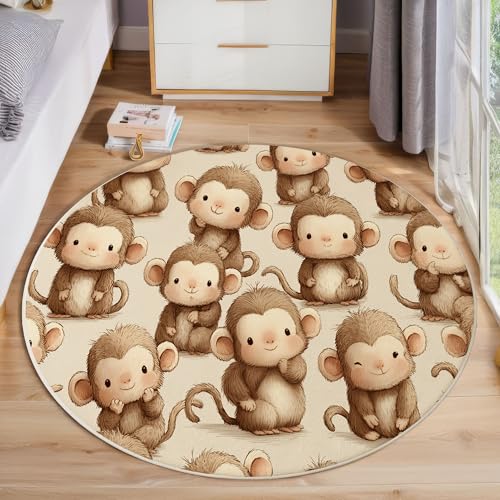 JEDTAKCT Cartoon AFFE Teppich, Waschbar 100 cm Runder Teppich Für Schlafzimmer, Süßes Tier Kinderteppich, Rutschfester Kreis Weicher Creme Für Schlafsaal Kinderzimmer Sofa von JEDTAKCT