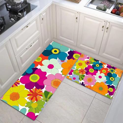JEDTAKCT Cartoon Blumen Küchenmatten 2Er Set, 50X80Cm+50X150Cm Küchenteppich Waschbar rutschfest, Küchenteppiche, Bunt Küchenläufer Für Badezimmer Zuhause Büro (Retro Poster) von JEDTAKCT