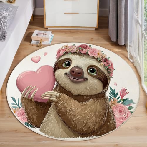 JEDTAKCT Cartoon Faultier Runder Teppiche, Waschbarer Teppich Rund 200 cm, Fantasy Kranz Teppich Klein, Weich Kurzflor rutschfest, Braun Teppiche Schlafzimmer Wohnzimmer Kinderzimmer von JEDTAKCT