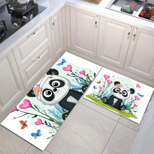 JEDTAKCT Cartoon Panda Küchenmatten 2Er Set, 43X75Cm+43X150Cm Küchenteppich Waschbar rutschfest, Küchenteppiche, Salbeigrün Küchenläufer Für Badezimmer Zuhause Büro (Lustige Tiere) von JEDTAKCT