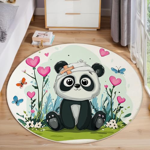 JEDTAKCT Cartoon Panda Teppich, Waschbar 120 cm Runder Teppich Für Schlafzimmer, Tiergarten Kinderteppich, Rutschfester Kreis Weicher Blaugrün Für Schlafsaal Kinderzimmer Sofa von JEDTAKCT