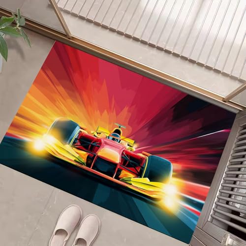 JEDTAKCT Cartoon Rennen Fussmatte Teppich 50X80Cm, Wohnzimmerteppich Schlafzimmerteppich, Rot Orange Waschbarer Fußmatte, Lustiges Ölgemälde Rutschfester Teppich Für Küche Flur Esszimmer von JEDTAKCT