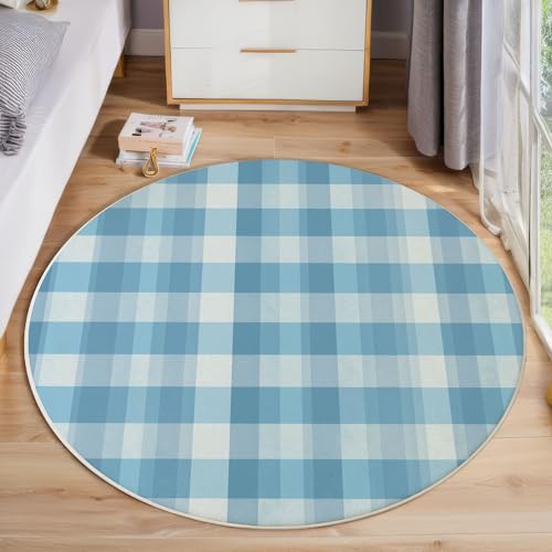 JEDTAKCT Country Plaid Teppich Rund 120 cm rutschfest Teppiche Wohnzimmer, Vintage Buffalo Plaid Waschbar Teppiche Kurzflor Weich Runder Teppich Blau Weiß for Schlafzimmer Studie Heimbüro von JEDTAKCT