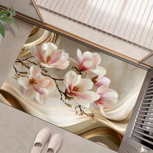 JEDTAKCT Creme Waschbarer Teppich Elegante Magnolie Muster 40X60Cm Gestreifte Welle Eingangsbereich Modern Fußmatte Badezimmerteppich Weich rutschfest Kleiner Kurzflor Bad Schlafzimmer von JEDTAKCT