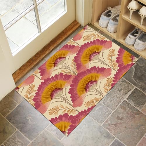 JEDTAKCT Creme Waschbarer Teppich Fächerförmige Blumen Muster 50X80Cm Elegante Geometrische Eingangsbereich Modern Fußmatte Badezimmerteppich Weich rutschfest Kleiner Kurzflor Bad Schlafzimmer von JEDTAKCT