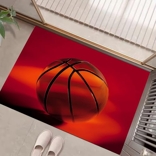 JEDTAKCT Deep Red Waschbarer Teppich 3D Glas Basketball Muster 50X80Cm Sportposter Eingangsbereich Modern Fußmatte Badezimmerteppich Weich rutschfest Kleiner Kurzflor Bad Schlafzimmer von JEDTAKCT