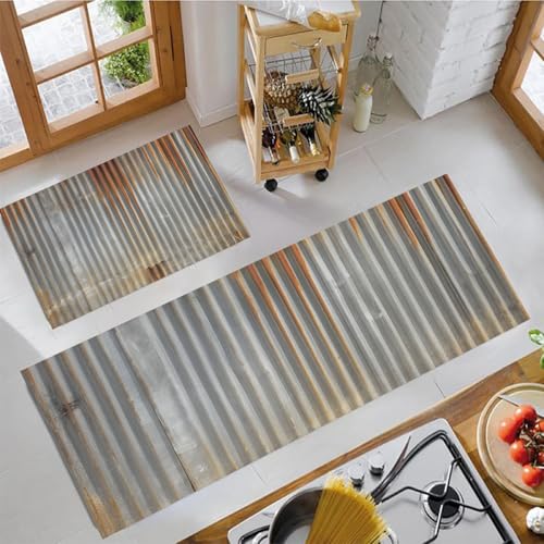 JEDTAKCT Distressed Metal Wall Küchenmatten 2Er Set, 43X75Cm+43X150Cm Küchenteppich Waschbar rutschfest, Küchenteppiche, Rostbraun Küchenläufer Für Badezimmer Zuhause Büro (Vintage Streifen) von JEDTAKCT