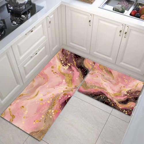 JEDTAKCT Dream Swirl Küchenmatten 2Er Set, 43X75Cm+43X150Cm Küchenteppich Waschbar rutschfest, Küchenteppiche, Rougepuder Küchenläufer Für Badezimmer Zuhause Büro (Marmorierter Sternenhimmel) von JEDTAKCT