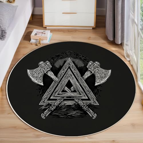 JEDTAKCT Dreieckige Axt Teppich Rund 200 cm rutschfest Teppiche Wohnzimmer, Retro Wikinger Stil Waschbar Teppiche Kurzflor Weich Runder Teppich Schwarz Weiß for Schlafzimmer Studie Heimbüro von JEDTAKCT