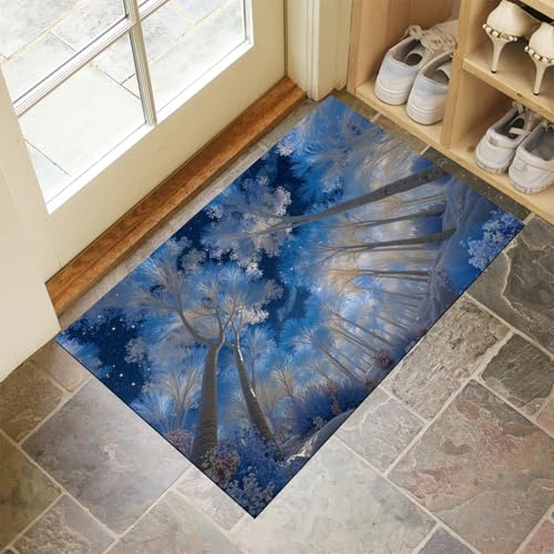 JEDTAKCT Dunkelblau Waschbarer Teppich Schneewald Muster 60X90Cm Winterlandschaft Eingangsbereich Modern Fußmatte Badezimmerteppich Weich rutschfest Kleiner Kurzflor Bad Schlafzimmer von JEDTAKCT