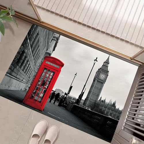 JEDTAKCT Dunkelgrau Waschbarer Teppich Telefonzelle Big Ben Muster 60X90Cm Londoner Straße Eingangsbereich Modern Fußmatte Badezimmerteppich Weich rutschfest Kleiner Kurzflor Bad Schlafzimmer von JEDTAKCT