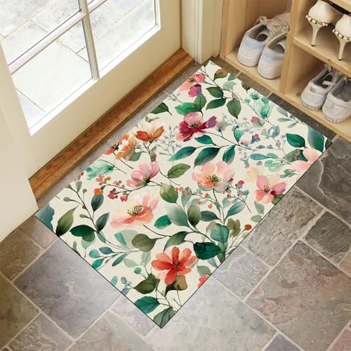 JEDTAKCT Dunkelgrün Waschbarer Teppich Abstrakte Blumen Muster 60X90Cm Aquarellpflanzen Eingangsbereich Modern Fußmatte Badezimmerteppich Weich rutschfest Kleiner Kurzflor Bad Schlafzimmer von JEDTAKCT