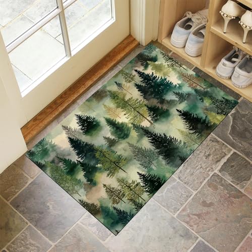 JEDTAKCT Dunkelgrün Waschbarer Teppich Frühlingskiefernwald Muster 90X150Cm Botanische Landschaft Eingangsbereich Modern Fußmatte Badezimmerteppich Weich rutschfest Kleiner Kurzflor Bad Schlafzimmer von JEDTAKCT