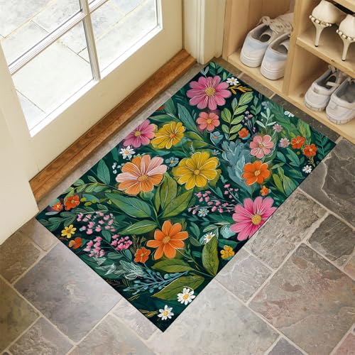 JEDTAKCT Dunkelgrün Waschbarer Teppich Gänseblümchengarten Muster 50X80Cm Handgemalte Pflanzen Eingangsbereich Modern Fußmatte Badezimmerteppich Weich rutschfest Kleiner Kurzflor Bad Schlafzimmer von JEDTAKCT