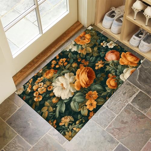 JEDTAKCT Dunkelgrün Waschbarer Teppich Rokoko Orange Blumen Muster 90X150Cm Vintage Pflanzen Eingangsbereich Modern Fußmatte Badezimmerteppich Weich rutschfest Kleiner Kurzflor Bad Schlafzimmer von JEDTAKCT