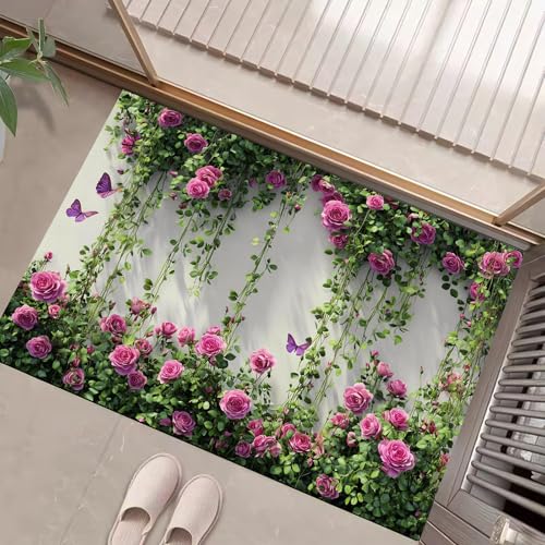 JEDTAKCT Dunkelgrün Waschbarer Teppich Rosenranke Muster 80X120Cm Natürlicher Schmetterling Eingangsbereich Modern Fußmatte Badezimmerteppich Weich rutschfest Kleiner Kurzflor Bad Schlafzimmer JEDTAKCT Dunkelgrün Waschbarer Teppich Rosenranke Muster 80X120Cm Natürlicher Schmetterling Eingangsbereich Modern Fußmatte Badezimmerteppich Weich rutschfest Kleiner Kurzflor Bad Schlafzimmer von JEDTAKCT