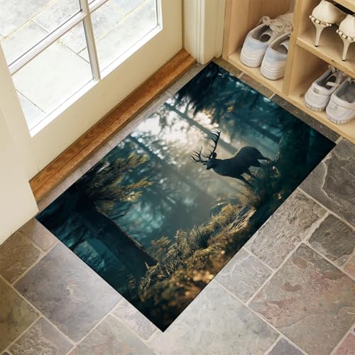 JEDTAKCT Dunkelgrün Waschbarer Teppich Vintage Rentier Muster 90X150Cm Sonniger Wald Eingangsbereich Modern Fußmatte Badezimmerteppich Weich rutschfest Kleiner Kurzflor Bad Schlafzimmer JEDTAKCT Dunkelgrün Waschbarer Teppich Vintage Rentier Muster 90X150Cm Sonniger Wald Eingangsbereich Modern Fußmatte Badezimmerteppich Weich rutschfest Kleiner Kurzflor Bad Schlafzimmer von JEDTAKCT